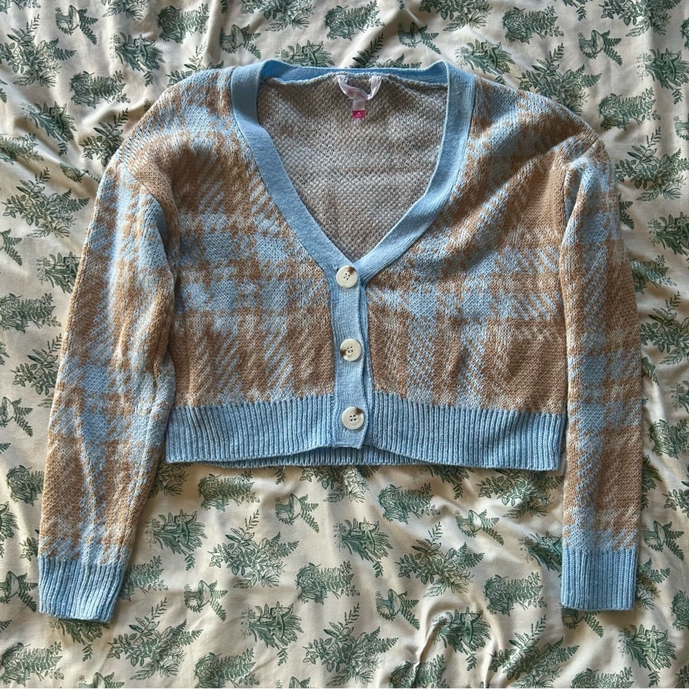 Plaid Blue Tan Button Down Sweater